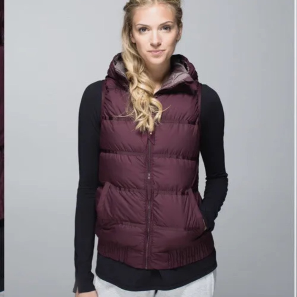 Lululemon Size 6 Chilly Chill Puffy Down Vest Hood Bordeaux Drama Gradient Dot